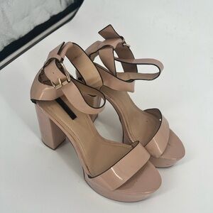 Zara TRF 38 Nude Patent Block Heel Sandals with Ankle Strap